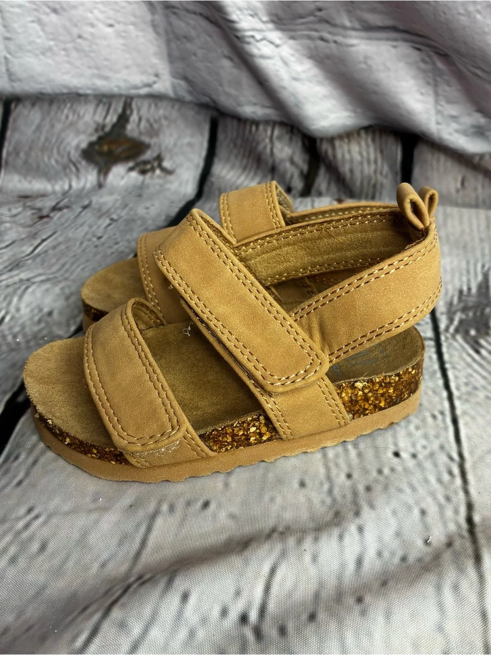 5/$20 Baby Gap Minimalist Tan Baby Cork Hook and‎ Loop Strap Sandals Size 12-18M